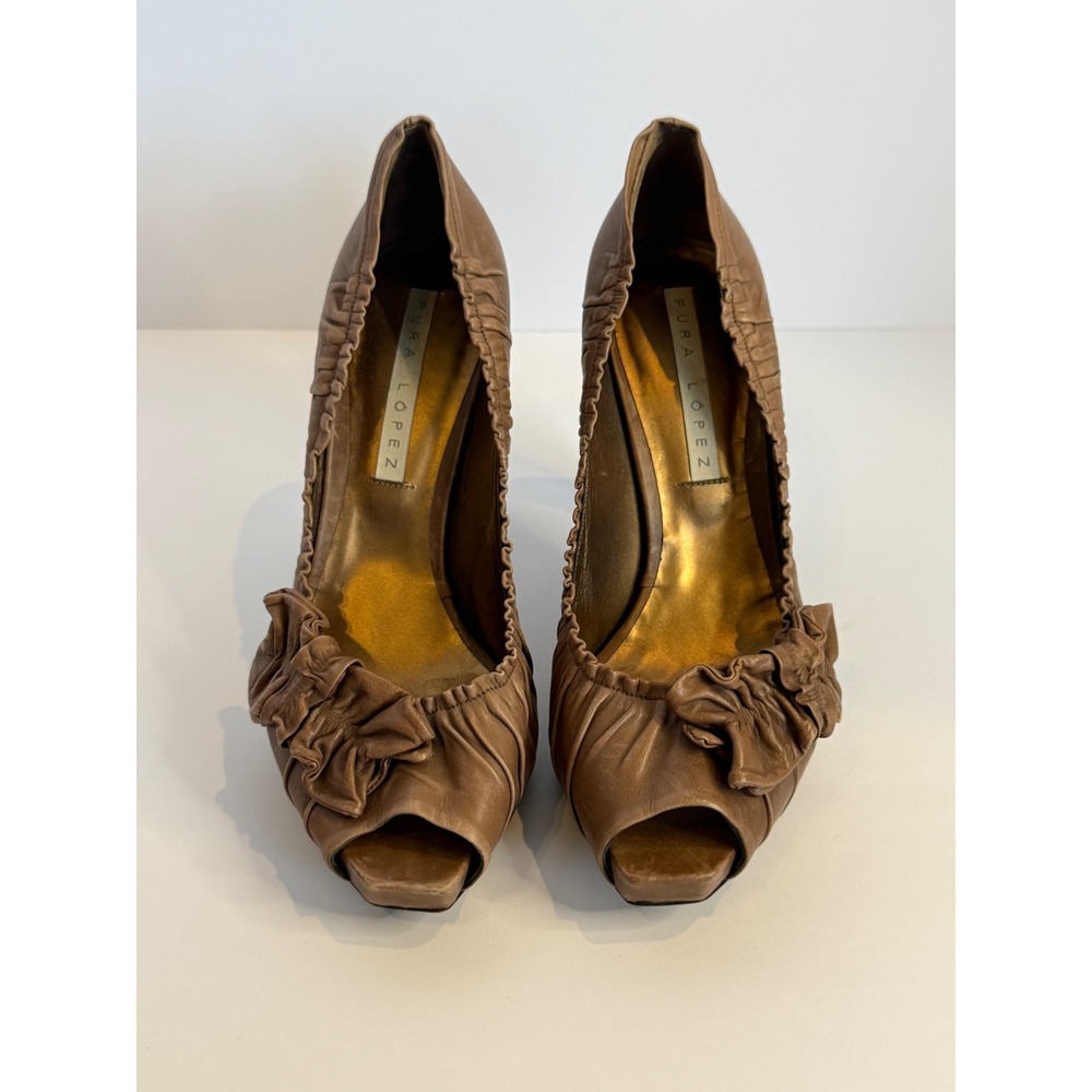 Pura Lopez Tan Leather Ruched Peep Toe Platform Bow Pumps Spain Size 39